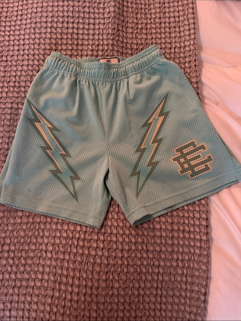 Eric Emanuel Teal Mesh Shorts with Lightning Logos